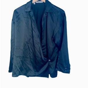 IXTAPA Vintage 90’s Y2K Dark Navy Blue Long Sleeve 100% Silk Top Size 4